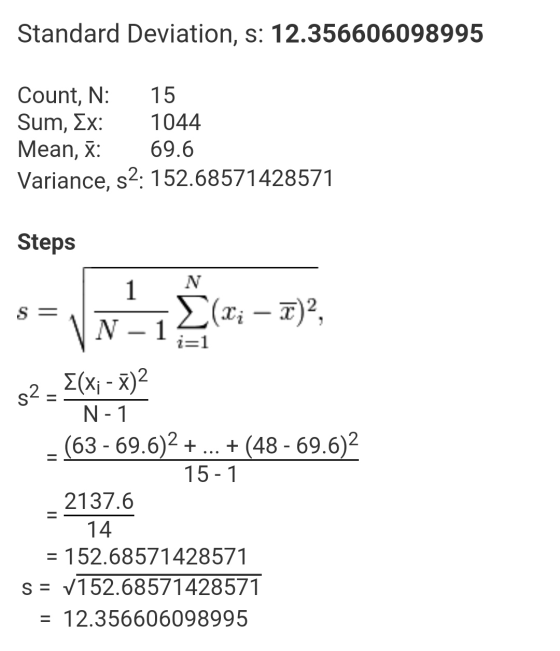 Standard Deviation, s: 12.356606098995 Count, N: 15 Sum, Ex: 1044 Mean, X 69.6 Variance, s2: 152.68571428571 Steps 1 N S = (X