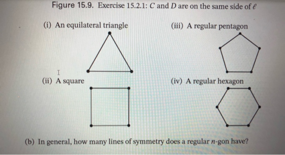 Figure 15.9. Exercise 15.2.1: C and D are on the same side of e (i) An equilateral triangle (iii) A regular pentagon (ii) A s