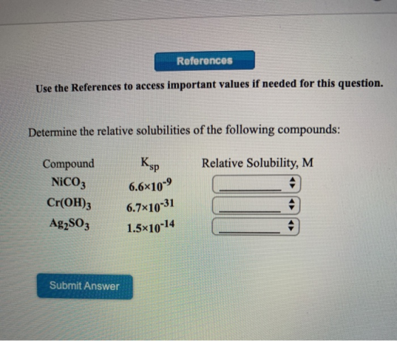References Use the References to access important values if needed for this question. Determine the relative solubilities of
