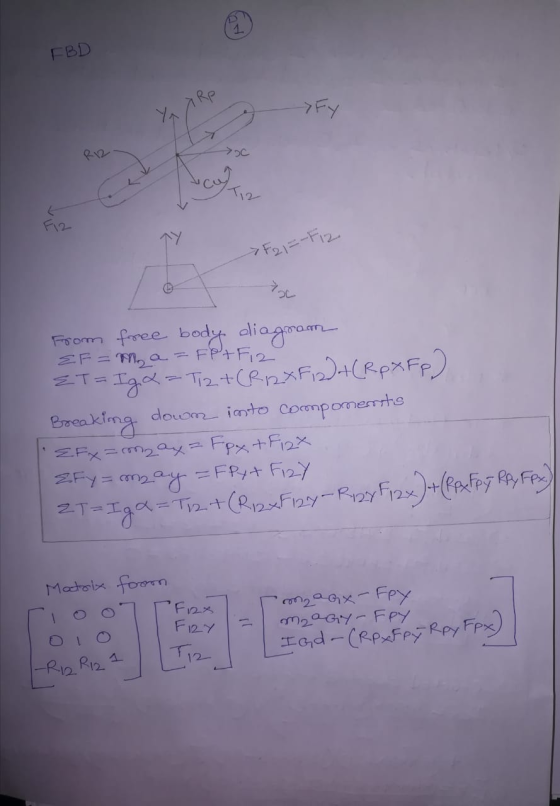 FBD Y Rp >Fy AN From force body diagram EF=Ma FP+Fiz ZT= Ig X = T27 (R2XF2-1 (Rp xFF) Breaking down into co compomerrits EFx=