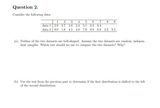 Question 2. Consider the following data: data 1 2.9 3.7 1.0 2.4 5.1 0.3 0.4 data 2 9.0 1.8 4.5 4.8 7.9 9.9 6.8 2.2 3.5 (a). Neither of the two datasets are bell-shaped. Assume the two datasets are random, indepen dent samples. Which test should we use to compare the two datasets? Why? (b). Use the test from the previous part to determine if the first distribution is shifted to the left of the second distribution.