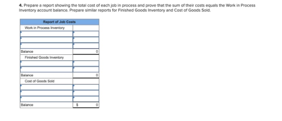 4. Prepare a report showing the total cost of each job in process and prove that the sum of their costs equals the Work in Pr