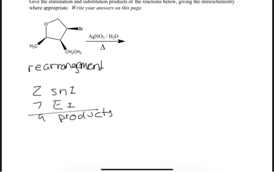 Give the elimination and substitution products of the reactions below, giving the stereochemistry where appropriate. Write yo