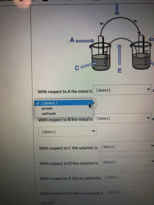 ( E a With respect to A the metal is [Select] [ Select) anode cathode With respect to B the metal is [Select) (Select] With r