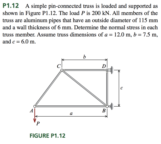 P1.12 A simple pin-connected truss is loaded and supported as shown in Figure P1.12. The load P is 200 kN. All members of the truss are aluminum pipes that have an outside diameter of 115 mm and a wall thickness of 6 mm. Determine the normal stress in each truss member. Assume truss dimensions of a-12.0 m, b - 7.5 m, and c 6.0 m. FIGURE P1.12