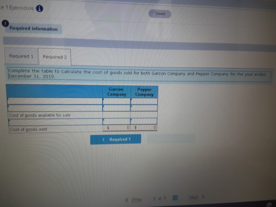 e 1 Ejercicios Saved Required information Required 1 Required 2 Complete the table to calculate the cost of goods sold for bo