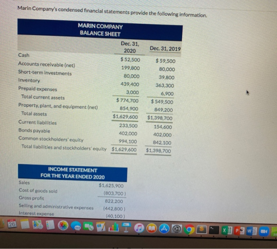Marin Companys condensed financial statements provide the following information. MARIN COMPANY BALANCE SHEET Dec. 31, Dec. 3
