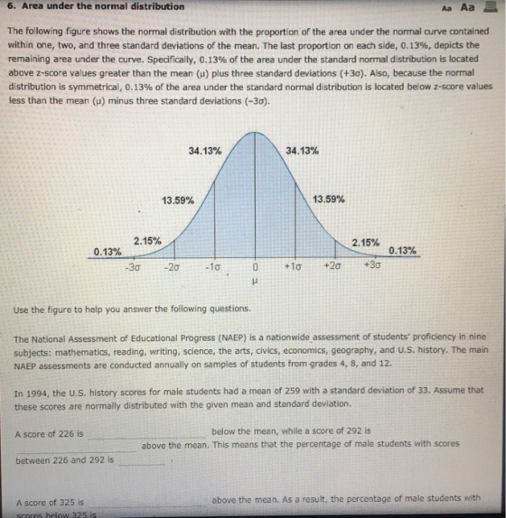 6. Area under the normal distribution The following figure shows the normal distribution with the proportion of the area under the normal curve contained within one, two, and three standard deviations of the mean. The last proportion on each side, 0.13%, depicts the remaining area under the curve. Specifically, 0.13% of the area under the standard normal distribution is located above z-score values greater than the mean (u) plus three standard deviations (+30). Also, because the normal distribution is symmetrical, 0.13% of the area under the standard normal distribution is located below z-score values less than the mean (u) minus three standard deviations (-30). 34.13% 34.13% 13.59% 13.59% 2.15% 2.15% 0.13% 0.13% Use the figure to help you answer the following questions. The National Assessment of Educational Progress (NAEP) is a nationwide assessment of students proficiency in nine subjects: mathematics, reading, writing, science, the arts, civics, economics, geography, and U.S. history. The main NAEP assessments are conducted annually on samples of students from grades 4, 8, and 12. In 1994, the U.S. history scores for male students had a mean of 259 with a standard deviation of 33. Assume that these scores are normally distributed with the given mean and standard deviation. A score of 226 is below the mean, while a score of 292 is above the mean. This means that the percentage of male students with scores between 226 and 292 is above the mean. As a result, the percentage of male students with A score of 325 is scores helow 325 is
