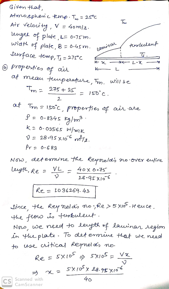 TU turbulent Given that, Atmospheric temp. To =250 Air reloc velocity, V = 40mis. length of plate, b=0.75m. width of plate, B