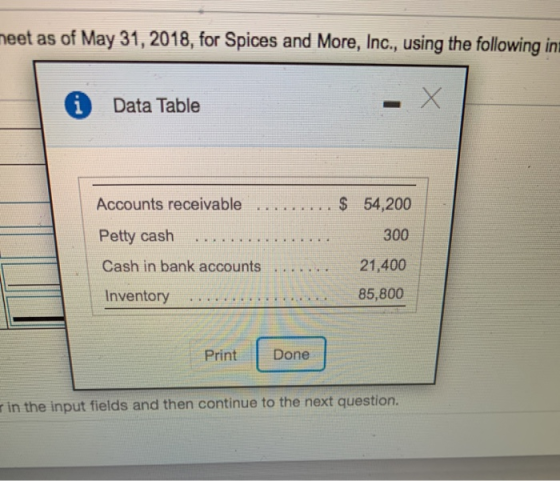 meet as of May 31, 2018, for Spices and More, Inc., using the following in - X iData Table S 54,200 Accounts receivable Petty