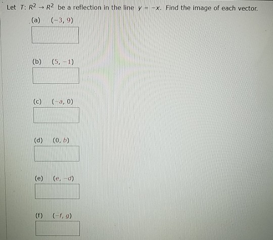 Let T: R2 R2 be a reflection in the line y = -x. Find the image of each vector. (a) (-3,9) (b) (5, -1) (c) (a,0) (d) (o, b) (