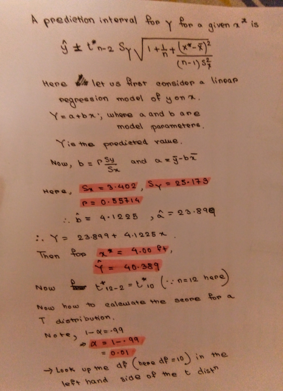 AePedietion interval 유 Y for a given n ㅈ is n a qiven is (M-1)晴 n-ins Hepe let os ₩rst consider a linea ro cegpession model of on a+bx, u, hepe a and b ane model manamerere Yiatme predie ted vaue, P= 0.55귀4.. ,· 丫.= 23.899 + 4.1225叽 ㄚ 40.389 Now Nou hou to ealewate tme seope fop a →Look up tne dr(be, e de=10) in the left hand sid eoPtn et distr