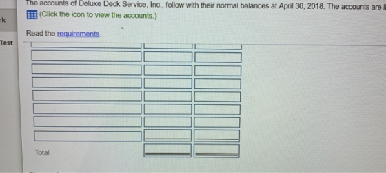 The accounts of Deluxe Deck Service, Inc., follow with their normal balances at April 30, 2018. The accounts are I (Click the