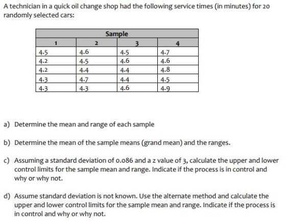 A technician in a quick oil change shop had the following service times in minutes) for 20 randomly selected cars: Sample 2 4
