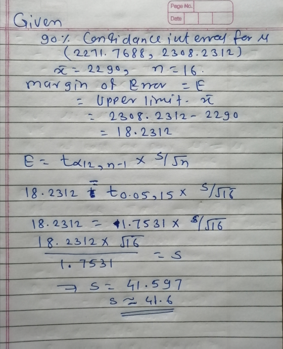 Page No. Date Given go% Contidance interrel for M 2271, 7688,2308.2312) ł - 22gog m-16 margin ol &mar = E - Upper limit. ł 23