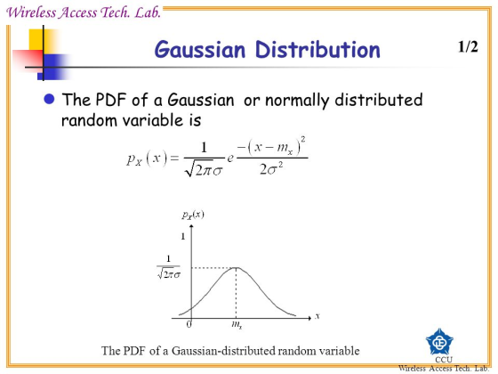 Wireless Access Tech. Lab Gaussian Distribution 1/2 The PDF of a Gaussian or normally distributed random variable is r1m 2 Pr(x) The PDF of a Gaussian-distributed random variable CCU