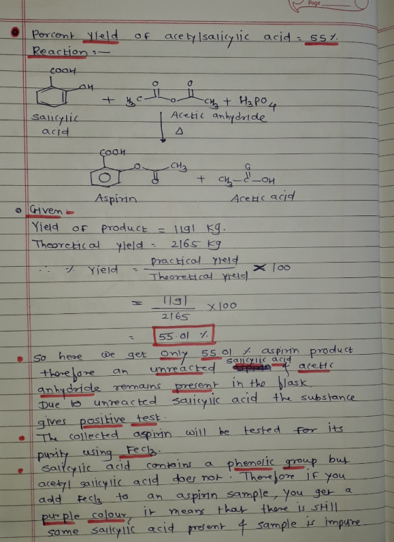 le Page Porcont yield of acetylsalicylic acid: 55%. Reaction : CooL RT Salicylic acid + he thotham + H₂PO4 1 Acetic anhydride