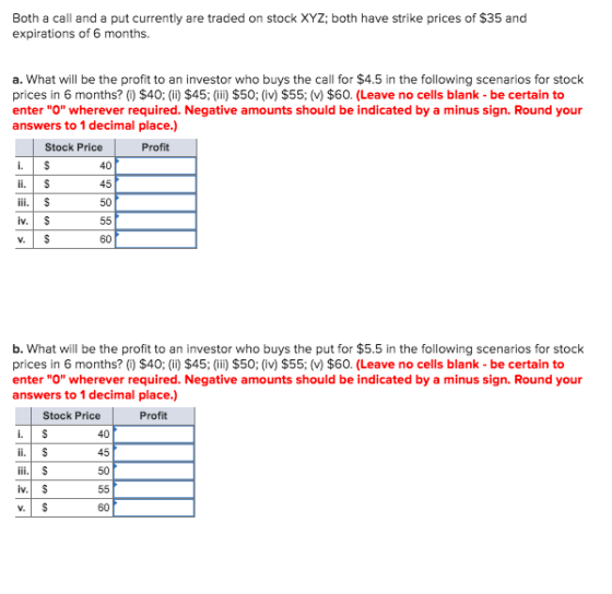 Both a call and a put currently are traded on stock XYZ, both have strike prices of $35 and expirations of 6 months. a. What