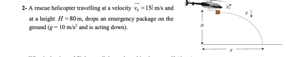 V! 2- A rescue helicopter travelling at a velocity vo = 15î m/s and at a height H = 80 m, drops an emergency package on the g