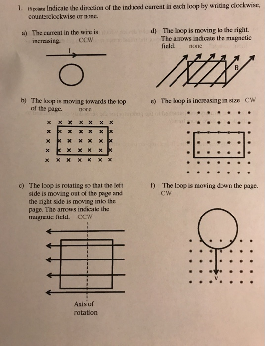 1. (6 points) Indicate the direction of the induced current in each loop by writing clockwise, counterclockwise or none. d a)