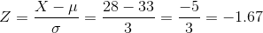 Z=\frac{X-\mu }{\sigma }=\frac{28-33}{3}=\frac{-5}{3}=-1.67