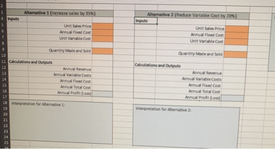 2 3 Alternative 1 (Increase sales by 35%) 4 Inputs Alternative 2 (Reduce Variable Cost by 20%) Inputs Unit Sales Price Annual