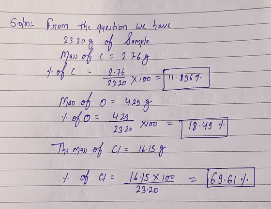 6ol0 from the question we have 2320gof Somphe Mais of cs 276g 2.76 23:20 X100 = | 8969. %3D Mass of 0 = 4.29 g hchla 18.49 /