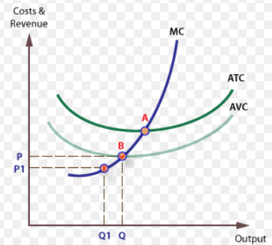 Costs & Revenue MC ATC AVC A B P P1 Q1 Q Output
