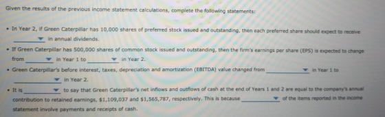 Given the results of the previous income statement calculations, complete the following statements: • In Year 2, if Green Cat
