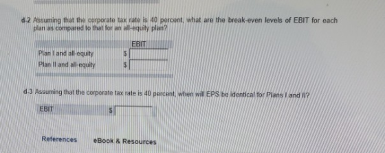 2.2 Assuming that the corporate tax rate is 40 percent, what are the break-even levels of EBIT for each plan as compared to t
