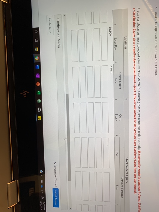 5. Insurance expires at the rate of $300 per month. Prepare a tabular summary to record adjustments at March 31, assuming tha