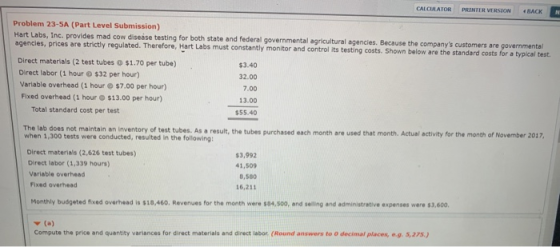CALCULATOR PRINTER VERSION RACK Problem 23-5A (Part Level Submission) Hart Labs, Inc. provides mad cow disease testing for bo
