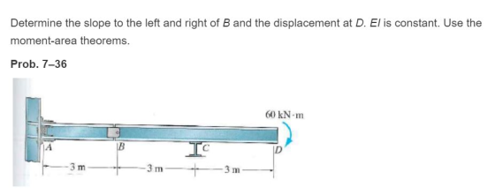 Determine the slope to the left and right of B and the displacement at D. El is constant. Use the moment-area theorems Prob. 7-36 60 kN m