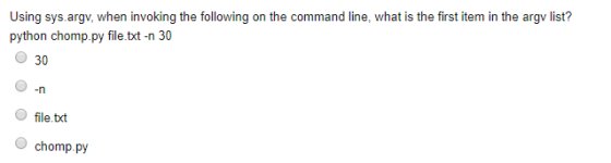 Using sys.argv, when invoking the following python chomp.py file.txt -n 30 on the command line, what is the first item in the