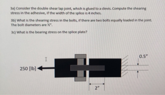 3a) Consider the double shear lap joint, which is glued to a clevis. Compute the shearing stress in the adhesive, if the widt