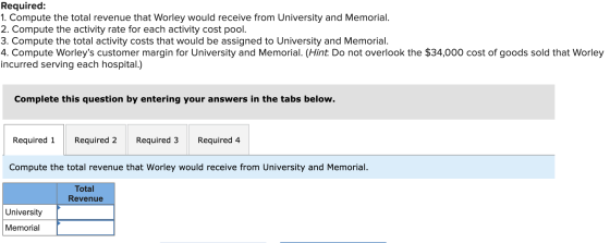 Required: 1. Compute the total revenue that Worley would receive from University and Memorial. 2. Compute the activity rate f