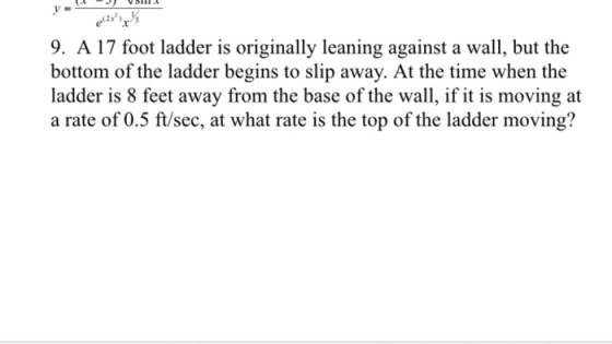 AV SIL el?r?yys 9. A 17 foot ladder is originally leaning against a wall, but the bottom of the ladder begins to slip away.