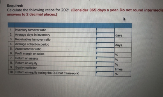 Required: Calculate the following ratios for 2021. (Consider 365 days a year. Do not round intermedie answers to 2 decimal pl