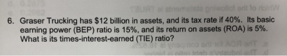 BURT mila nilwollol orld low 6. Graser Trucking has $12 billion in assets, and its tax rate if 40%. Its basic earning power (