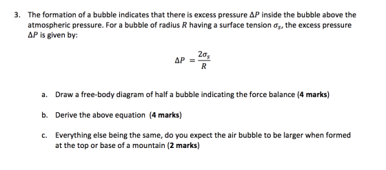 3. The formation of a bubble indicates that there is excess pressure AP inside the bubble above the atmospheric pressure. For