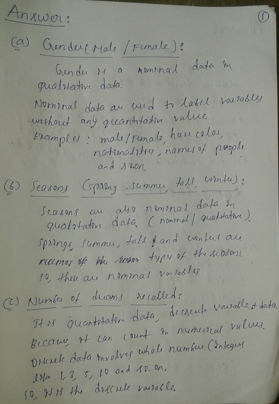 Answer: (a) Gender Male / Female); Crenda is a nominal data in qualitative data. Nominal data au wed to lased varrables witho