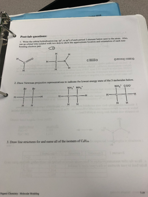 . 2018 Post-lab questions: I. Write the orbital hybridization (sp, sp, or sp) of each period 2 element below next to the atom. Also, use an orbital lobe symbol with two dots to show the approximate location and orientation of each non- bonding electron pair. co Loc=0 2. Draw Newman projection representations to indicate the lowest energy state of the 3 molecules below. Y * IF ITH Br Br NH?NH NH3* coo HCC-H ? ? HH 3. Draw line structures for and name all of the isomers of C6H14. ganic Chemistry: Molecular Modeling 7-19