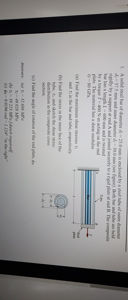 1. A solid steel bar of diameter d; = 25.0 mm is enclosed by a steel tube of outer diameter d3 = 37.5 mm and inner diameter d