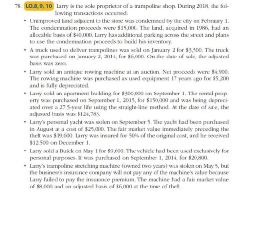 78. LO.8, 9, 10 Larry is the sole proprietor of a trampoline shop. During 2018, the fol- lowing transactions occurred: Unimpr