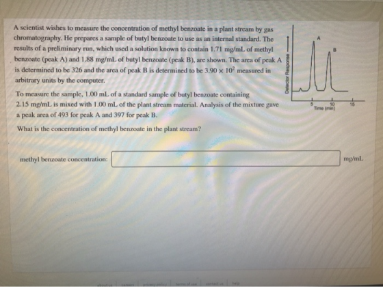 Respon A scientist wishes to measure the concentration of methyl benzoate in a plant stream by gas chromatography. He prepare