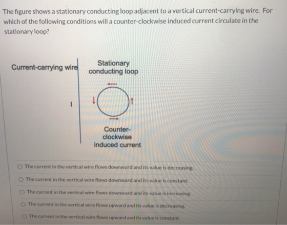 The figure shows a stationary conducting loop adjacent to a vertical current-carrying wire. For which of the following condit