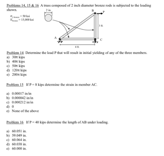 Problems 14, 15 & 16 A truss composed of 2 inch diameter bronze rods is subjected to the loading shown. 2 in. B y bronze = 50
