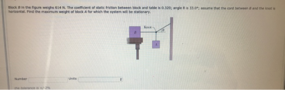 Block in the figure weighs 614 N. The coefficient of static friction between block and table is 0.320; angle horizontal. Find