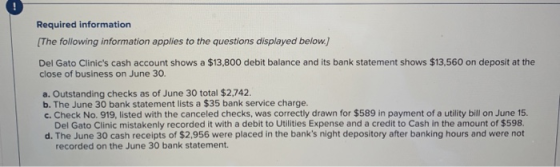 Required information (The following information applies to the questions displayed below.) Del Gato Clinics cash account sho