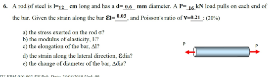6. A rod pof steel is l=12_ cm long and has a d= 0.6 mm diameter. A P= 16 kN load pulls on each end of the bar. Given the str